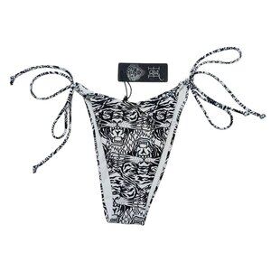 Ed Hardy Brazilian Bikini Bottom Black White Snow Tiger Size Large NEW NWT